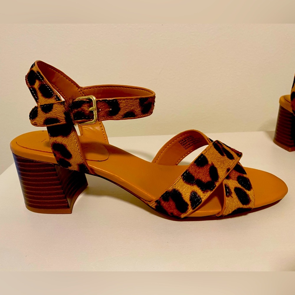 JCREW leopard calf hair low block heel sandals